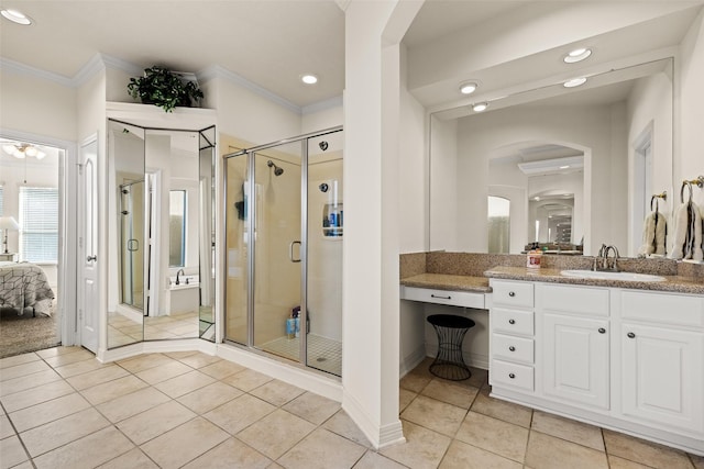 15106 Aragon Green Dr, Cypress, TX 77433 - full bath with crown molding, tile patterned flooring, recessed lighting, a shower stall, and vanity