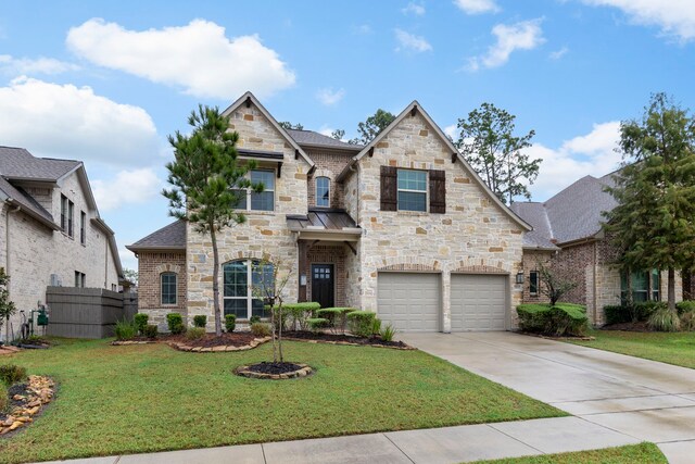 17505 Spice Merlot Ln, Conroe, TX 77302 - french provincial home featuring stone siding, concrete driveway, a garage, and roof with shingles