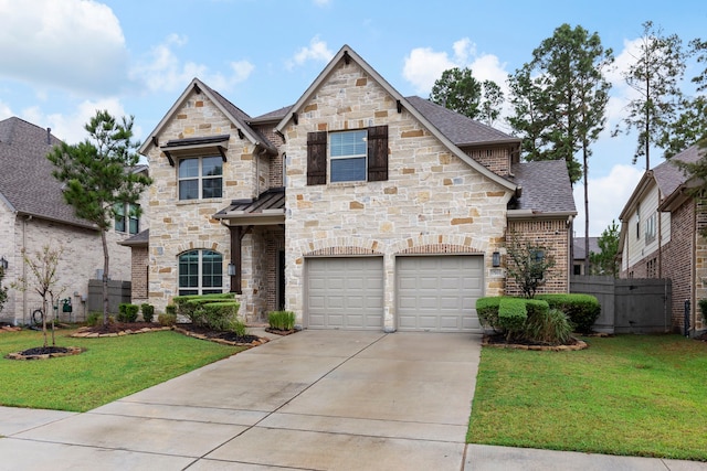 17505 Spice Merlot Ln, Conroe, TX 77302 - french provincial home with stone siding, concrete driveway, a garage, and roof with shingles