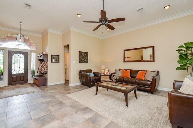320 Eagle Cv, Hempstead, TX 77445 - living room featuring baseboards, ceiling fan, and ornamental molding