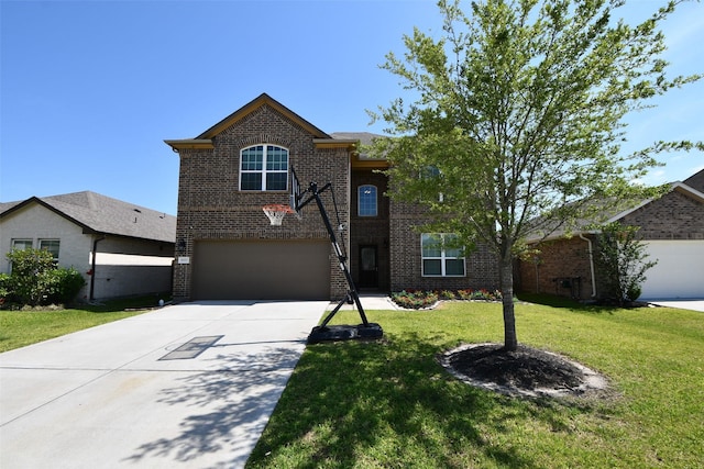 traditional-style house with brick siding, concrete driveway, a garage, and a front lawn