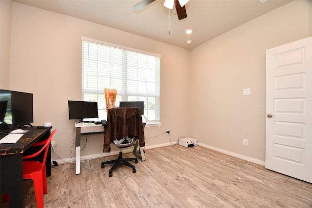 office with ceiling fan, wood finished floors, baseboards, and recessed lighting