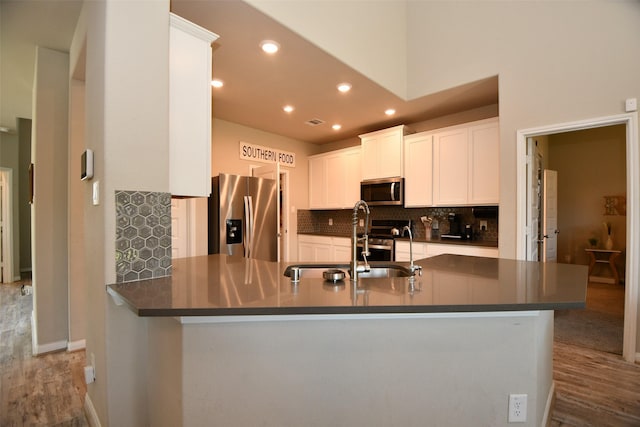 kitchen with appliances with stainless steel finishes, wood finished floors, backsplash, recessed lighting, and a sink