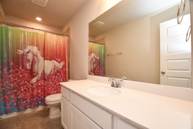 full bath with tile patterned flooring, toilet, vanity, recessed lighting, and a shower with curtain