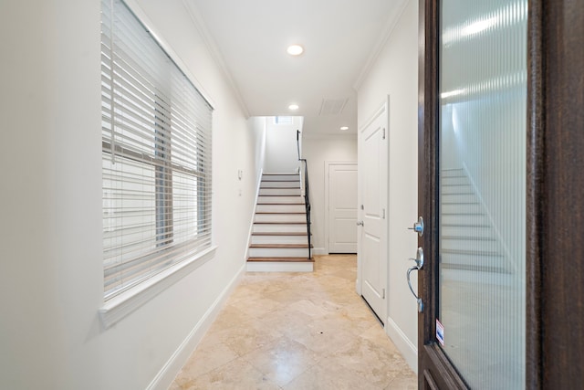 2909 Pease St, Houston, TX 77003 - hallway featuring stairway, baseboards, ornamental molding, recessed lighting, and light tile patterned floors