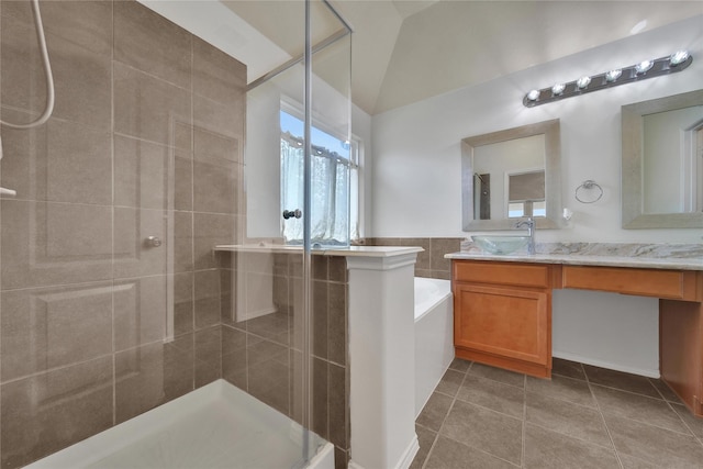 2526 Wood Park Blvd, Conroe, TX 77304 - bathroom with a shower stall, vanity, a bath, and tile patterned floors