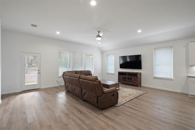 177 Jim Hall Ln, New Waverly, TX 77358 - living room with ceiling fan, light wood finished floors, baseboards, and recessed lighting
