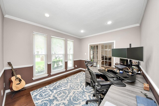 14011 Blazey Dr, Houston, TX 77095 - office space featuring french doors, wood finished floors, baseboards, crown molding, and recessed lighting
