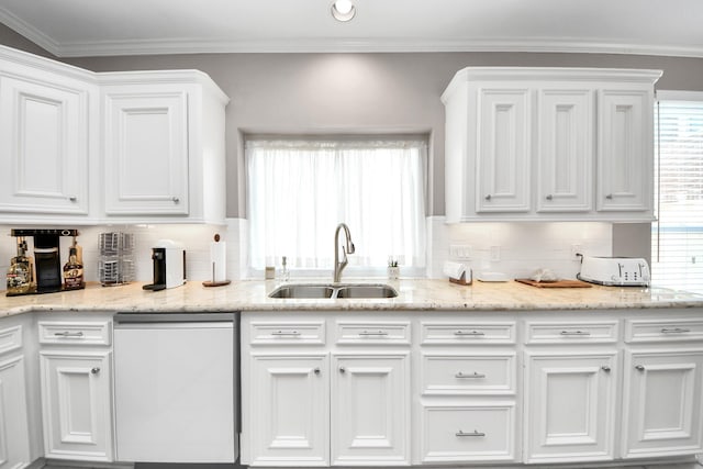 14011 Blazey Dr, Houston, TX 77095 - kitchen featuring white dishwasher, a sink, white cabinetry, tasteful backsplash, and crown molding