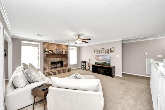 14011 Blazey Dr, Houston, TX 77095 - living room with carpet flooring, a fireplace, a ceiling fan, crown molding, and baseboards