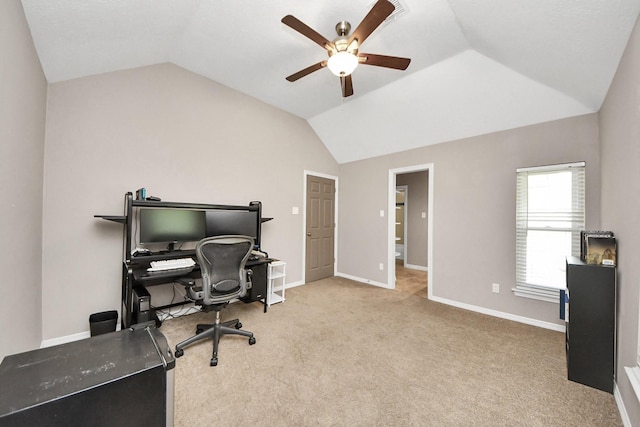 14011 Blazey Dr, Houston, TX 77095 - home office with vaulted ceiling, a ceiling fan, carpet flooring, and baseboards