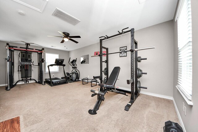 14011 Blazey Dr, Houston, TX 77095 - exercise room featuring carpet flooring, a ceiling fan, and baseboards