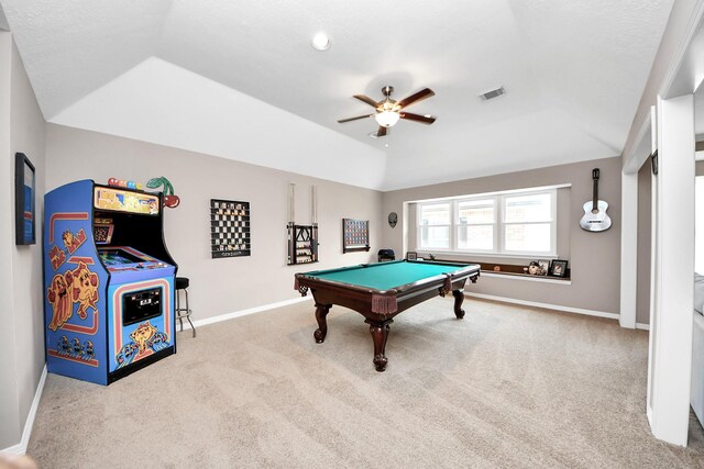 14011 Blazey Dr, Houston, TX 77095 - game room featuring a ceiling fan, carpet floors, baseboards, billiards table, and lofted ceiling