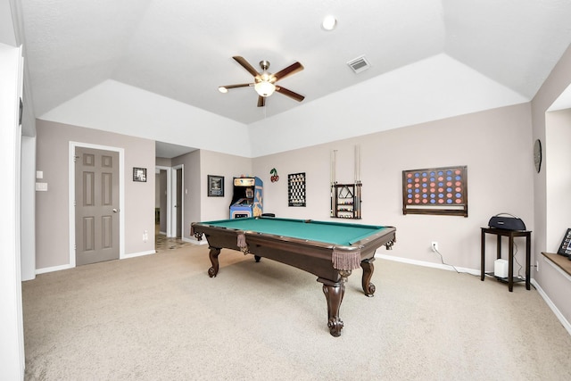 14011 Blazey Dr, Houston, TX 77095 - playroom featuring a ceiling fan, billiards table, carpet, baseboards, and lofted ceiling