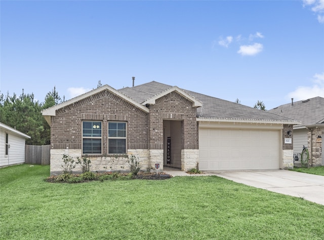 622 Rd 5138, Cleveland, TX 77327 - view of front of house featuring an attached garage, brick siding, concrete driveway, and stone siding