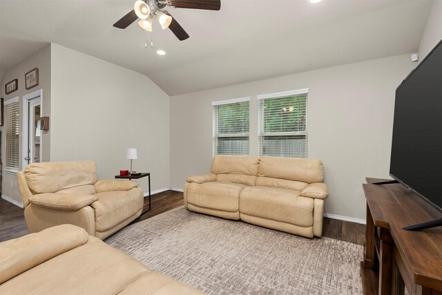 622 Rd 5138, Cleveland, TX 77327 - living room featuring baseboards, dark wood-style flooring, ceiling fan, lofted ceiling, and recessed lighting