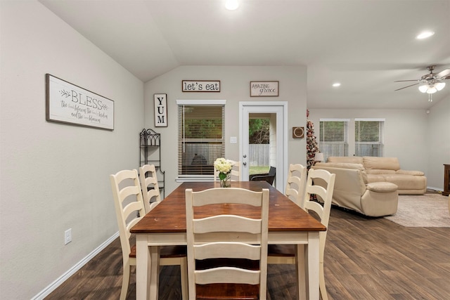 622 Rd 5138, Cleveland, TX 77327 - dining room featuring dark wood-type flooring, a ceiling fan, lofted ceiling, baseboards, and recessed lighting