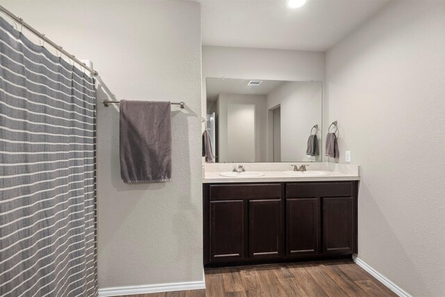 622 Rd 5138, Cleveland, TX 77327 - bathroom featuring wood finished floors, double vanity, baseboards, and a shower with shower curtain