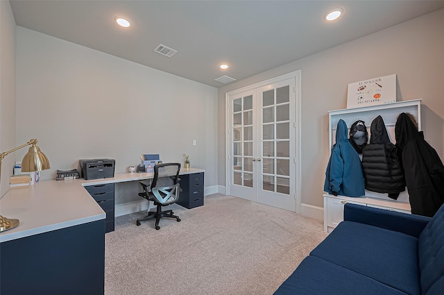 16826 Ellicott Rock Dr, Humble, TX 77346 - office area featuring french doors, light carpet, recessed lighting, and baseboards
