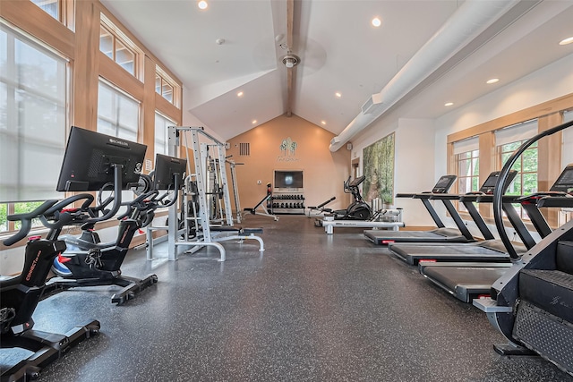 16826 Ellicott Rock Dr, Humble, TX 77346 - workout area featuring recessed lighting, beam ceiling, and high vaulted ceiling