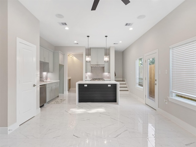 825 Paul Quinn St Unit E, Houston, TX 77091 - kitchen with dishwasher, light marble finish flooring, baseboards, ceiling fan, and tasteful backsplash