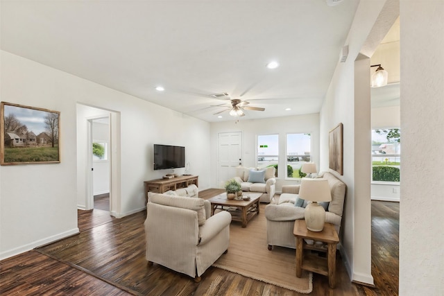 701 Malone St, Tomball, TX 77375 - living room with a ceiling fan, dark wood finished floors, baseboards, and recessed lighting
