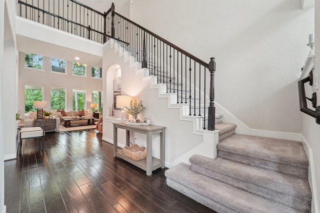13710 Nubenbrook Lake Dr, Houston, TX 77044 - stairway featuring hardwood / wood-style flooring, baseboards, a towering ceiling, and arched walkways