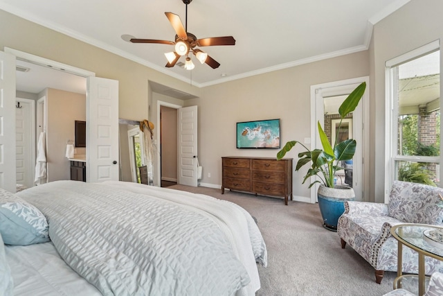 13710 Nubenbrook Lake Dr, Houston, TX 77044 - carpeted bedroom with crown molding, baseboards, a ceiling fan, and connected bathroom
