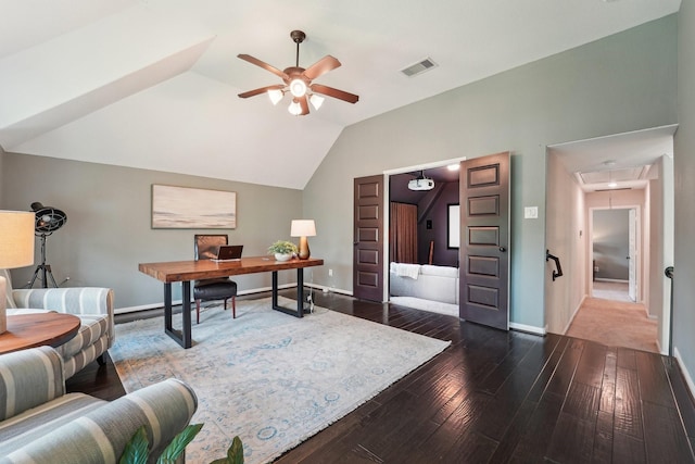 13710 Nubenbrook Lake Dr, Houston, TX 77044 - office area featuring attic access, ceiling fan, lofted ceiling, hardwood / wood-style floors, and baseboards