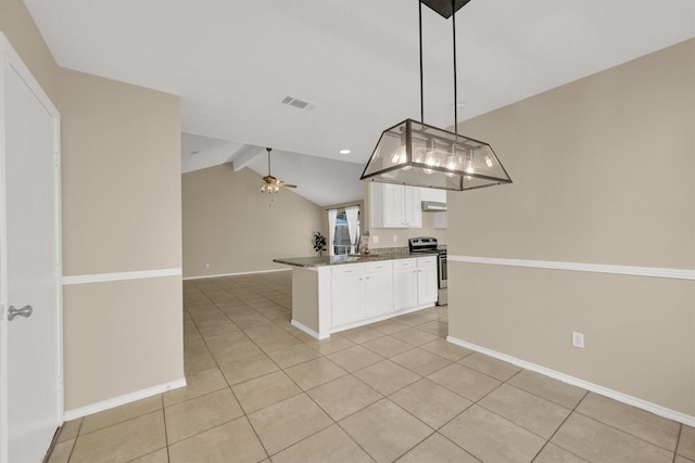 4803 Bridgemont Ln, Spring, TX 77388 - kitchen featuring stainless steel range with electric stovetop, open floor plan, ceiling fan, white cabinets, and light tile patterned flooring
