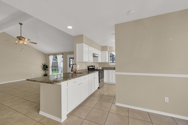 4803 Bridgemont Ln, Spring, TX 77388 - kitchen featuring stainless steel electric range, light tile patterned floors, a peninsula, white cabinetry, and ceiling fan