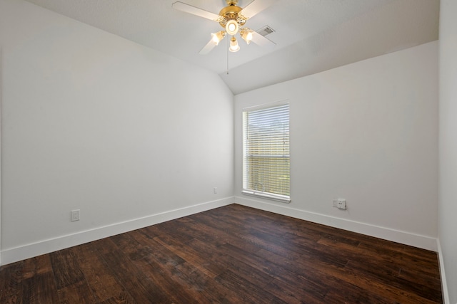 20711 Medallion Pointe Dr, Katy, TX 77450 - spare room featuring baseboards, a ceiling fan, lofted ceiling, and dark wood finished floors