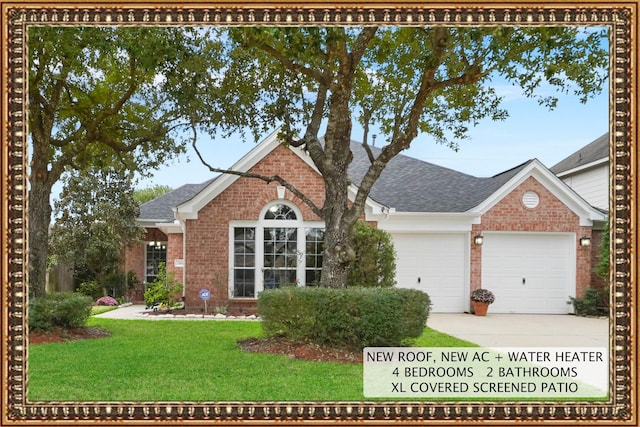 7410 Fall Creek Bnd, Humble, TX 77396 - view of front of property with brick siding, a shingled roof, driveway, a garage, and a front lawn