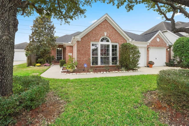 7410 Fall Creek Bnd, Humble, TX 77396 - ranch-style house featuring brick siding, a front lawn, an attached garage, roof with shingles, and driveway