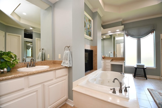 21006 Refuge Creek Dr, Cypress, TX 77433 - bathroom with ornamental molding, vanity, a tub with jets, a glass covered fireplace, and tile patterned floors