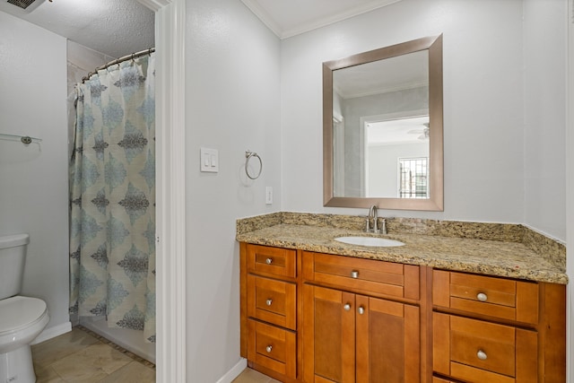 6003 Green Falls Dr, Houston, TX 77088 - bathroom with toilet, crown molding, baseboards, vanity, and a shower with shower curtain