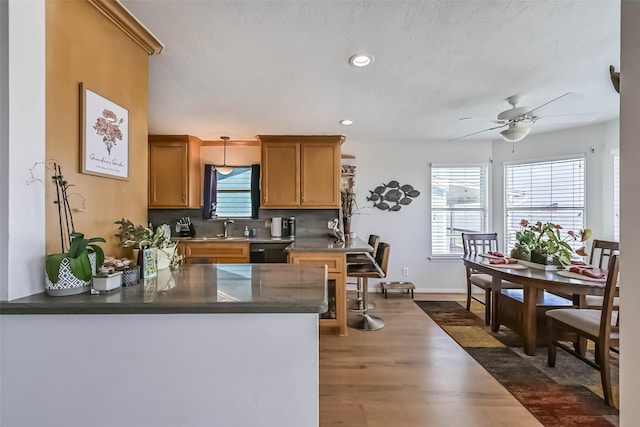 1309 Blue Heron St, Bayou Vista, TX 77563 - kitchen featuring a sink, a ceiling fan, a peninsula, dark wood finished floors, and dishwasher