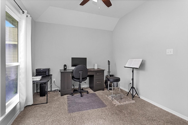 12 Oakland Ct, Huntsville, TX 77340 - home office featuring a ceiling fan, carpet floors, baseboards, and vaulted ceiling