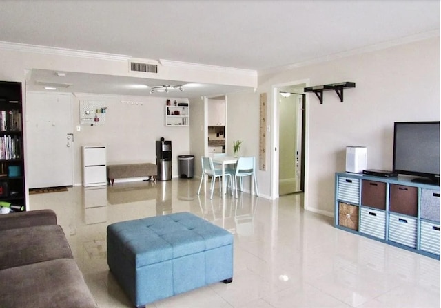 2016 Main St Unit 1505, Houston, TX 77002 - living area featuring crown molding, tile patterned floors, and baseboards
