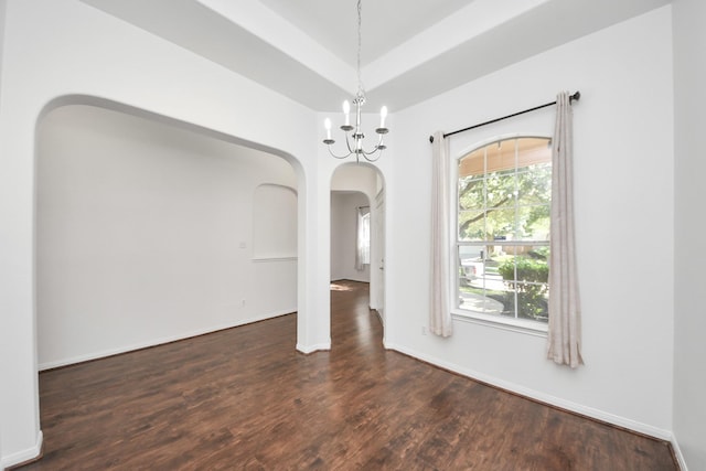 19130 Center Park Dr, Spring, TX 77373 - empty room featuring arched walkways, a chandelier, wood finished floors, and a tray ceiling