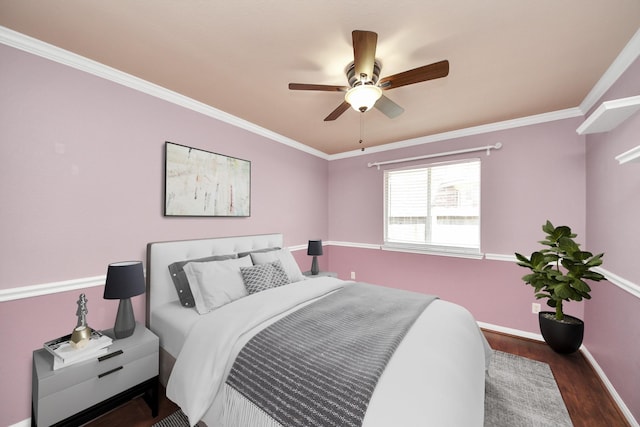 19130 Center Park Dr, Spring, TX 77373 - bedroom featuring baseboards, wood finished floors, ornamental molding, and a ceiling fan