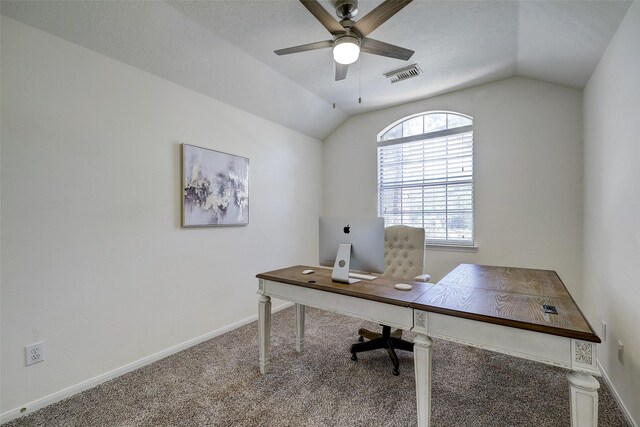 43 S Avonlea Cir, The Woodlands, TX 77382 - office space featuring vaulted ceiling, ceiling fan, carpet, and baseboards
