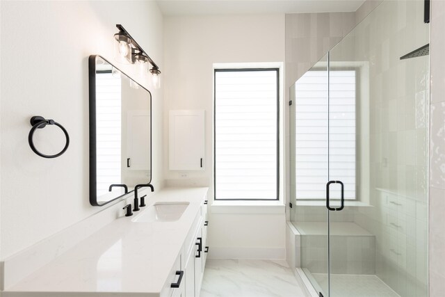 6135 Pacific Forest Dr, Houston, TX 77346 - bathroom featuring marble look tile flooring, a shower stall, and vanity