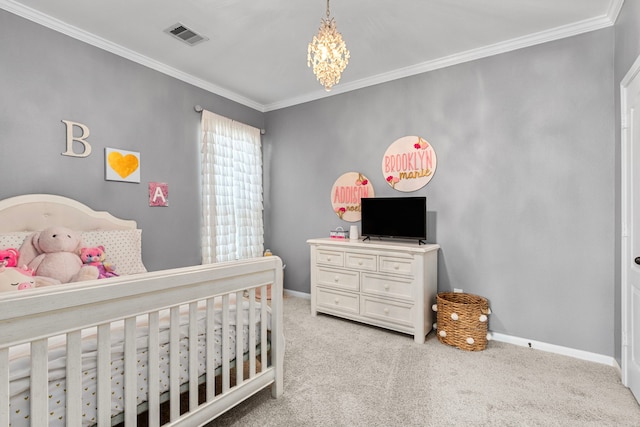 511 Summer Acres Ct, Rosenberg, TX 77469 - bedroom featuring light carpet, crown molding, a nursery area, a chandelier, and baseboards