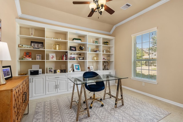 511 Summer Acres Ct, Rosenberg, TX 77469 - home office featuring light tile patterned floors, ornamental molding, a ceiling fan, and baseboards