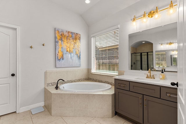 511 Summer Acres Ct, Rosenberg, TX 77469 - bathroom featuring a stall shower, a bath, vanity, tile patterned floors, and vaulted ceiling
