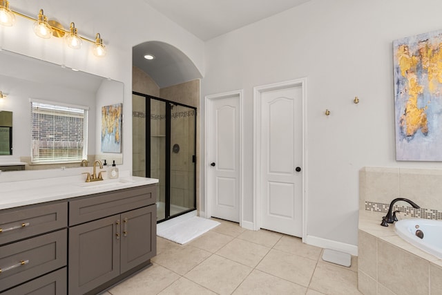511 Summer Acres Ct, Rosenberg, TX 77469 - full bathroom featuring tile patterned floors, a stall shower, vanity, a garden tub, and baseboards