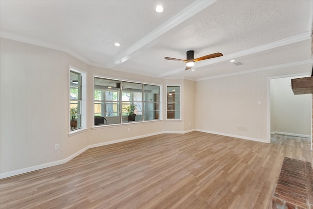 9863 Swan Ct, Conroe, TX 77385 - empty room featuring ornamental molding, light wood-style floors, ceiling fan, baseboards, and recessed lighting