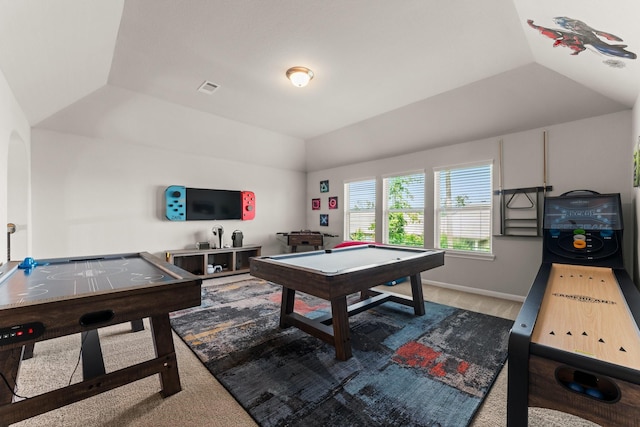 32039 Autumn Orchard Ln, Conroe, TX 77385 - rec room featuring lofted ceiling, billiards table, and baseboards