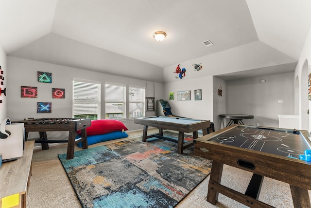 32039 Autumn Orchard Ln, Conroe, TX 77385 - rec room with lofted ceiling, carpet flooring, pool table, and baseboards